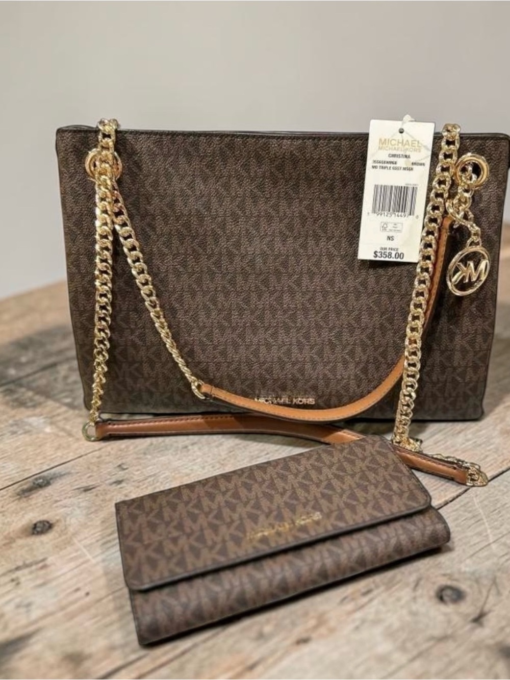 Michael Kors Brown Signature Chain Shoulder Bag with Wallet Set